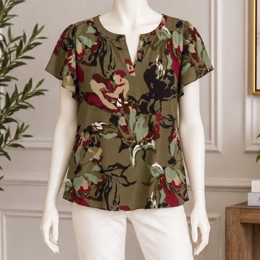 Maurices Women Blouse Olive Green Abstract Floral Flutter Sleeve 4X